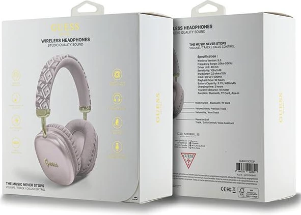 Kufje Bluetooth Guess GCube Metallic Script Logo, On-ear, 32 orë, Rozë