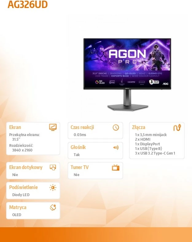 Monitor AOC AGON PRO AG326UD, 31.5", 4K QD-OLED, 165Hz, HDMI 2.1, E zezë/Gri