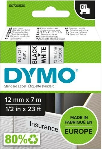 Kasetë etiketa DYMO D1 Standard S0720530, 12mm, e zezë mbi të bardhë