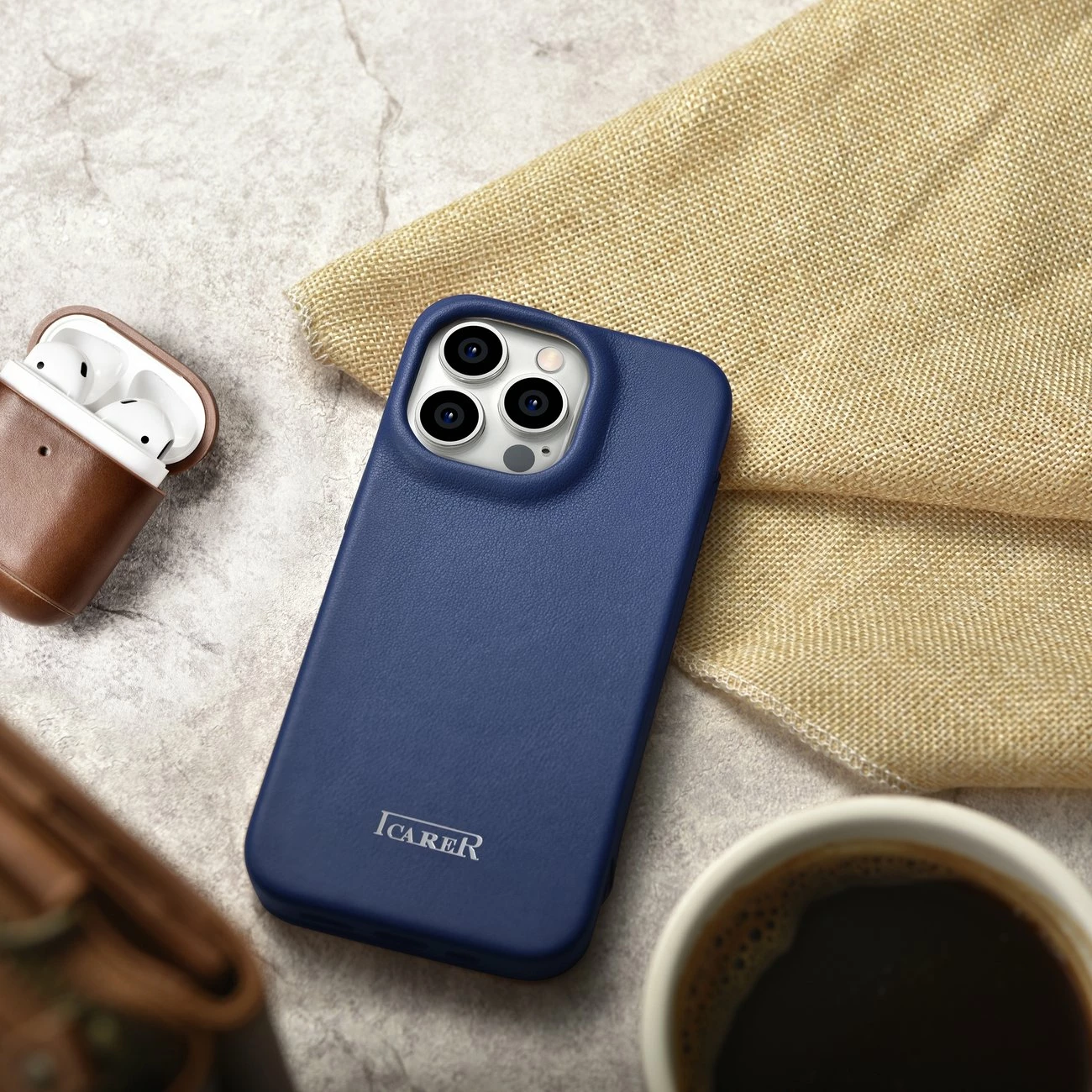 Mbështjellës iCarer CE Premium lëkurë folio për iPhone 14 Pro, MagSafe, Blu