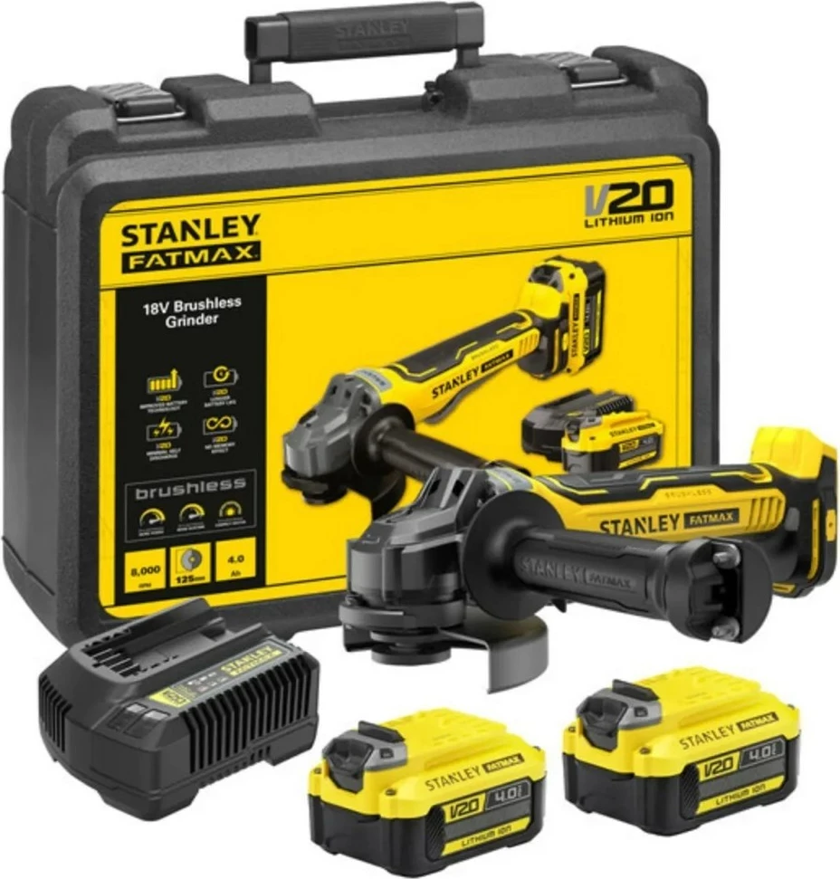 Brusilë këndi pa kabllo STANLEY SFMCG700M2K, 125 mm, 2x4.0Ah, e verdhë