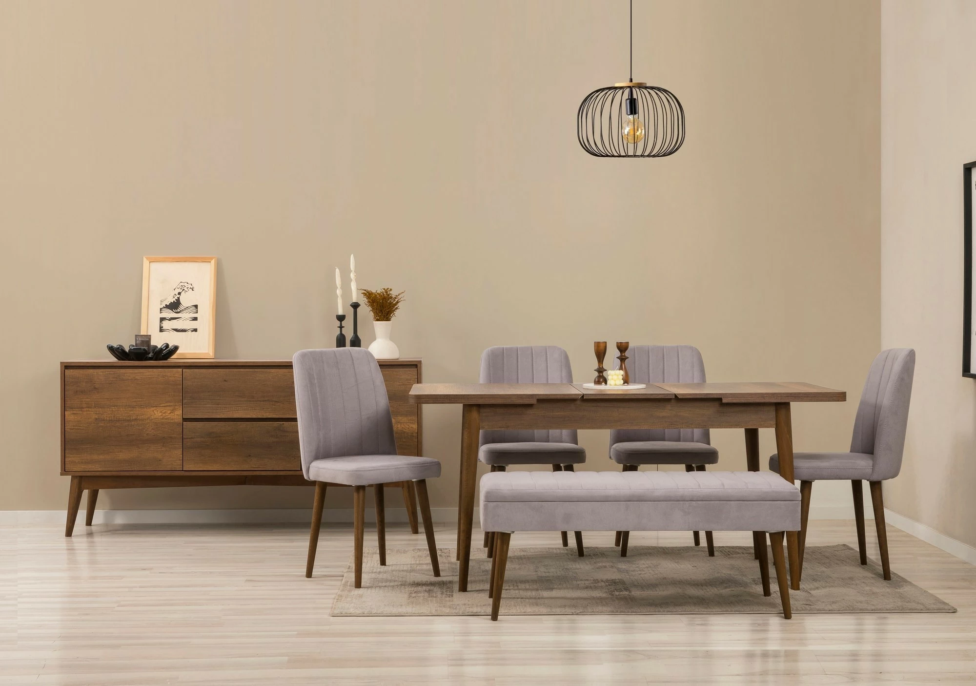 Set tavolinë me karrige dhe konsol, zgjatues, 7 pjesë, Skye Decor, Vina 03 0701, ngjyrë arre, gri