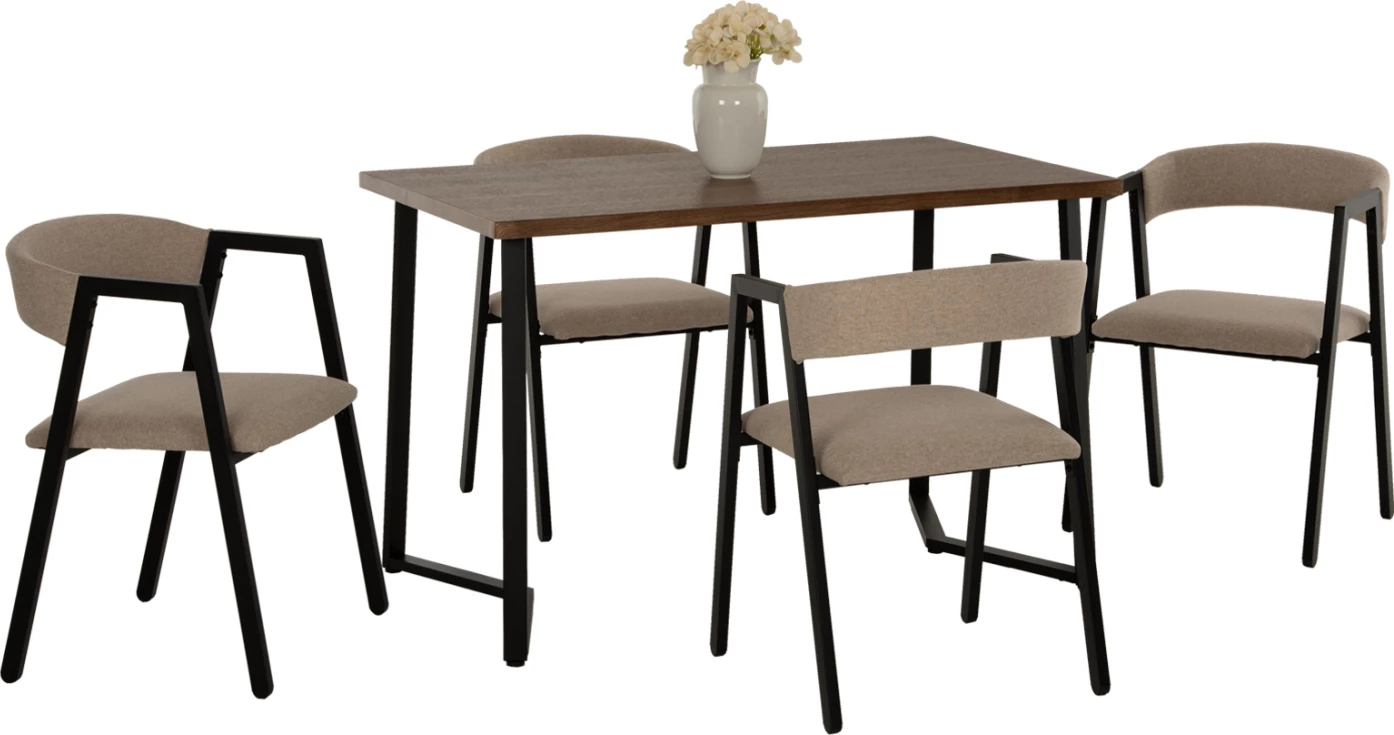 Tavolinë me karrige JAY 5 copë, FH9529.02, ngjyrë arre, karrige me pëlhurë bezhë, 120x70x76H cm