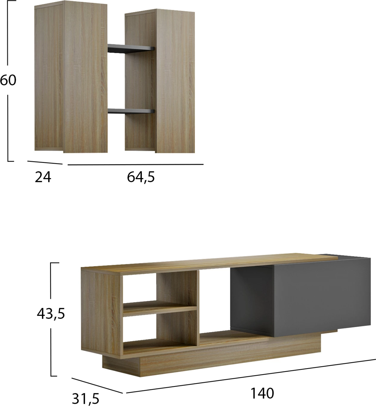 Set mobiljesh për TV TYSON FH18081 melaminë, ngjyrë sonama-gri, 140x31.5x43.5H cm