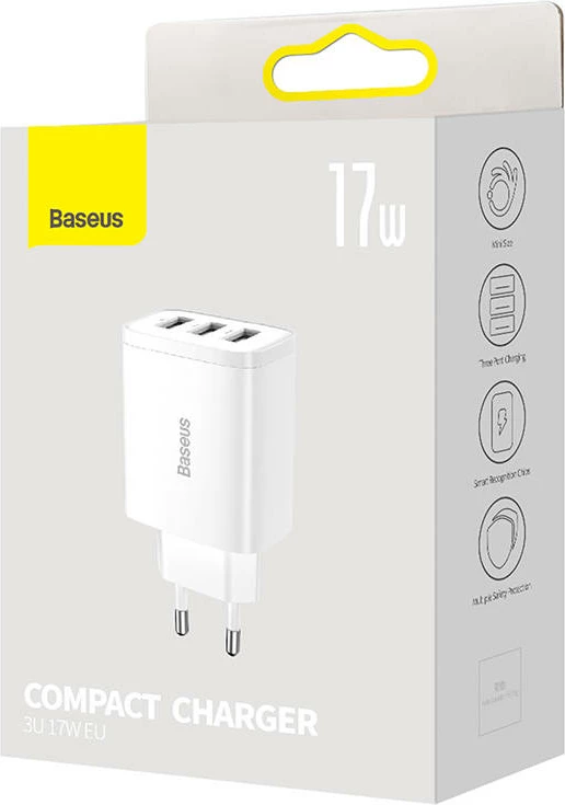 Karikues kompakt Baseus CCXJ020102, 3x USB, 17W, Bardhë