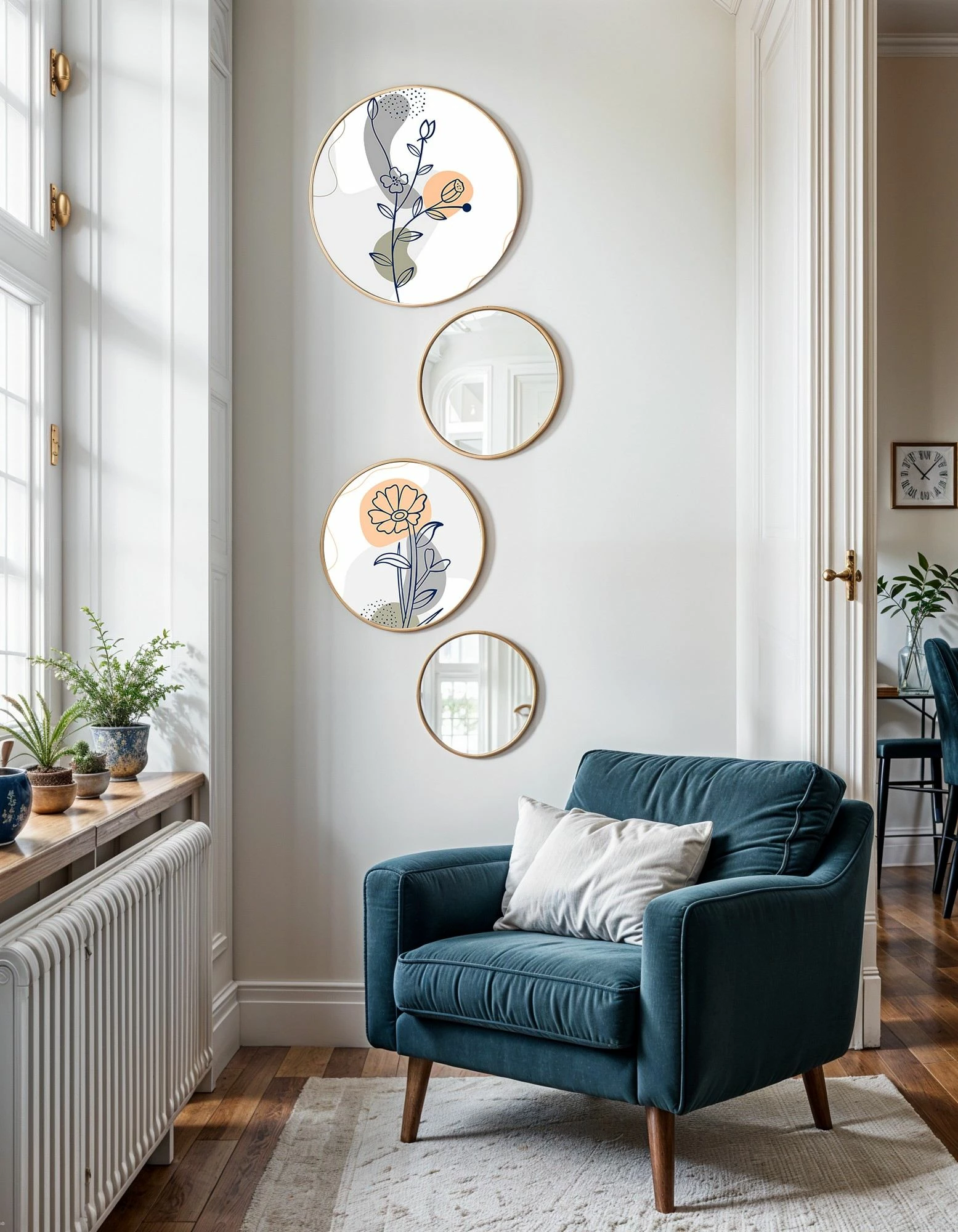 Set dekorativ me piktura MDF me kornizë dhe pasqyra (4 copë), Wallity, Roundmirrorset - 0003