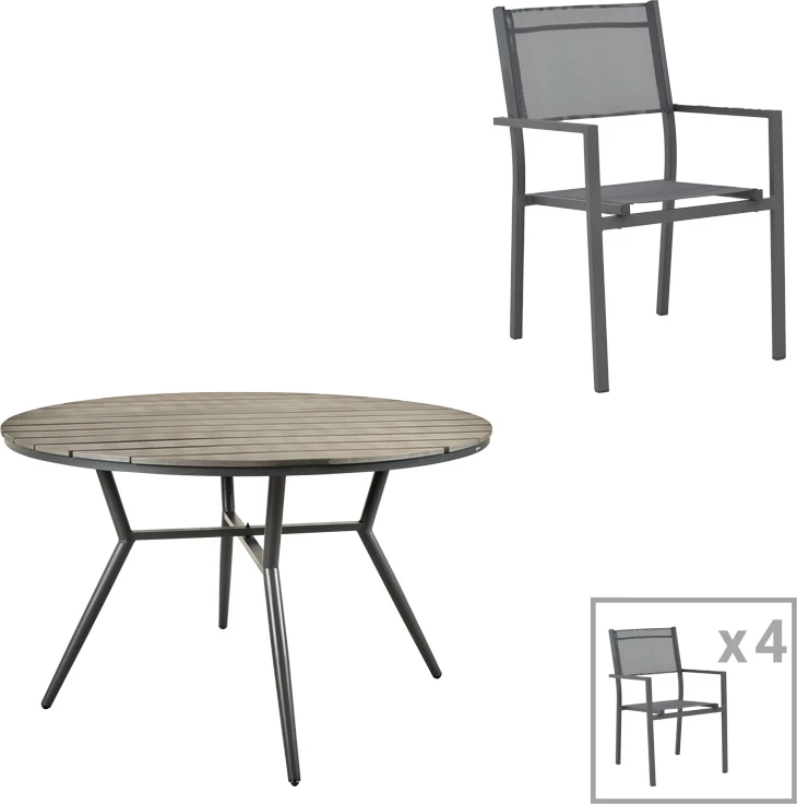 Tavolinë me karrige për terasë Appa-Moly, alumin dhe dru kompensat, ngjyrë antracit, set prej 5 pjesësh, Φ120x74cm