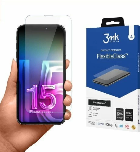 Xham mbrojtës ekrani 3MK FlexibleGlass për Apple iPhone 15, 7H, ultra i hollë, antibakterial