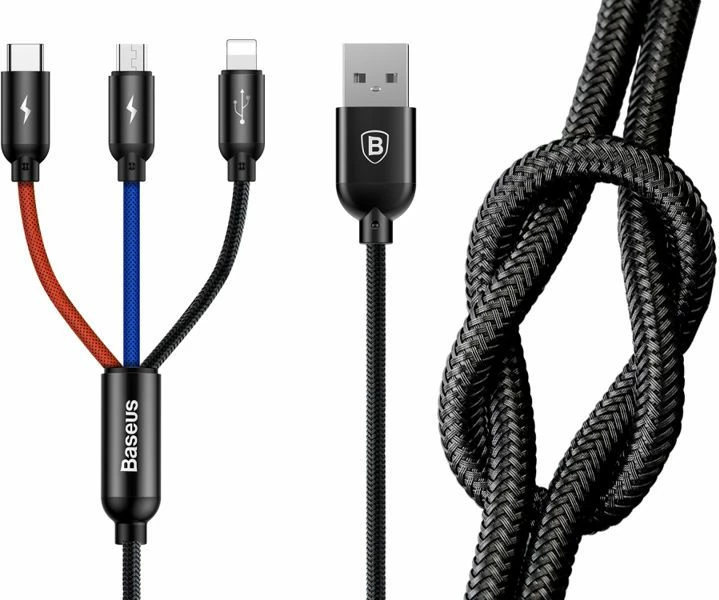 Kabllo USB Baseus Three Primary Colors 3w1 31567-uniw, USB-A në USB-C + microUSB + Lightning, 1.2 m, USB 3.0, e zezë