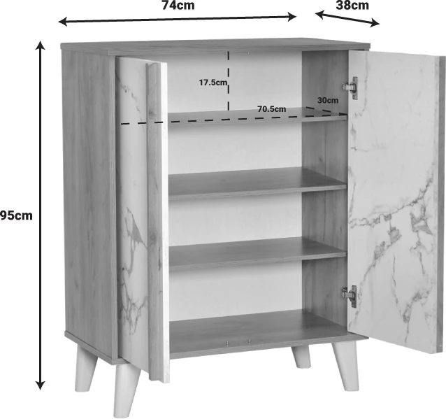 Raft këpucësh-dollap Kumen melaminë, ngjyrë mermeri lisi, 74x38x95cm