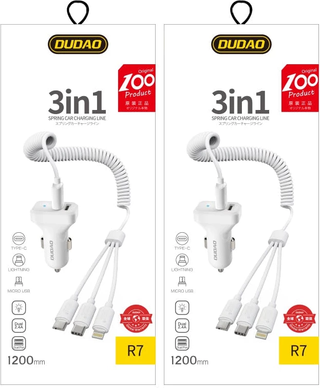 Karikues veture Dudao R7 me 2x USB, kabllo 3-në-1, 2.4A, Bardhë