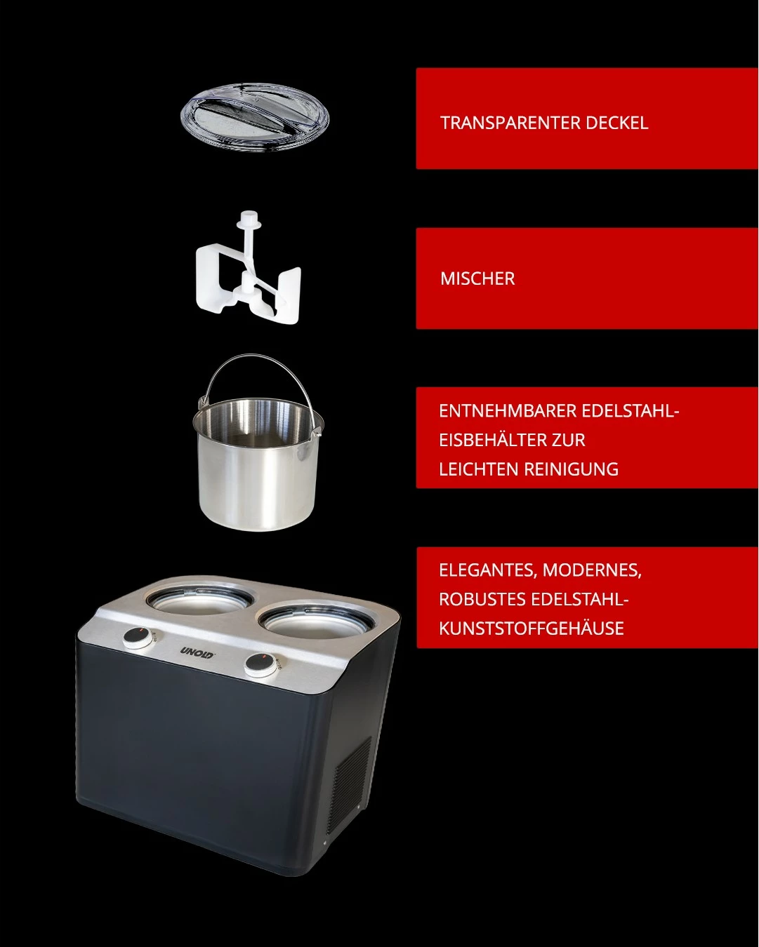 Aparat akullore UNOLD Doppio, 2.4L, 2 tasa, kompresor, inox, e zezë