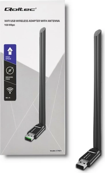 Adapter Wi-Fi USB Qoltec 57001 me antenë të jashtme, i zi