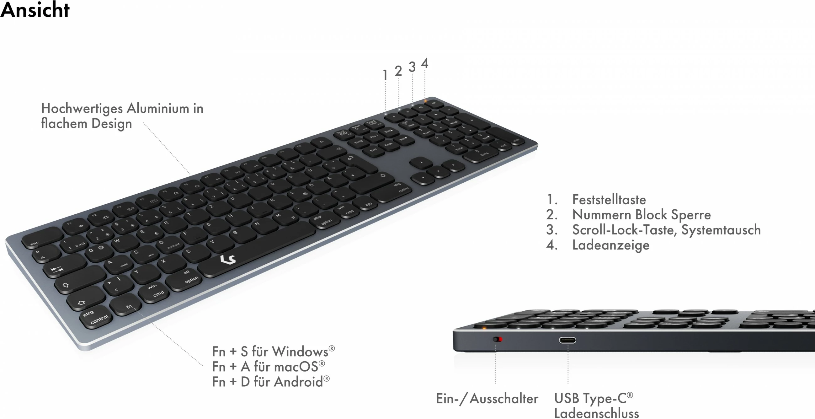 Tastierë KeySonic KSK-8023BTRF, full-size, wireless, Bluetooth, QWERTZ, antracit/zezë