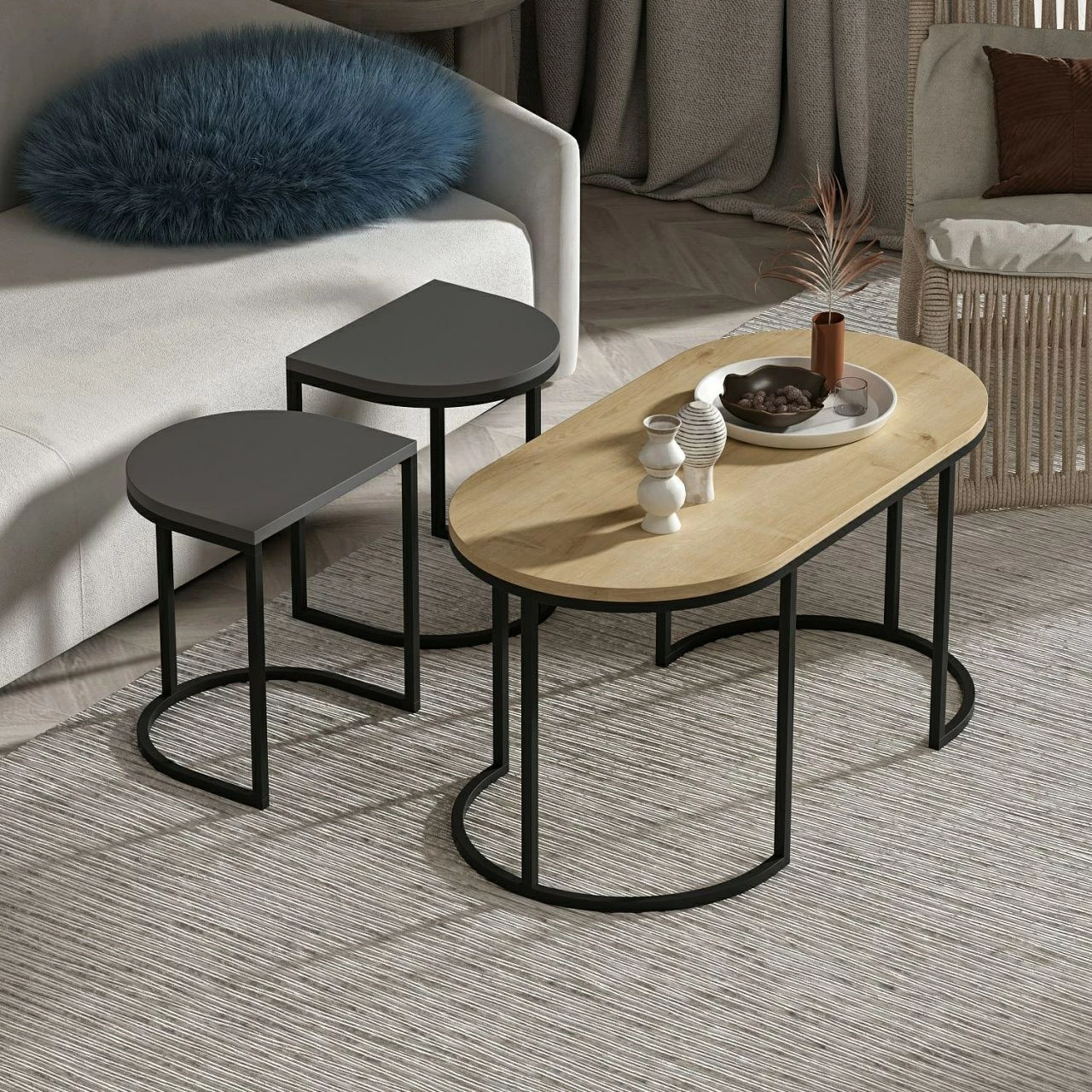 Set tavolinash të vendosshme Hanah Home, Dena, antracit dhe lis, 3 copë