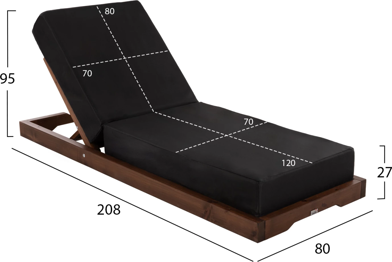 Shezlong profesional për plazh IKARIA LOW FH10622.01 dru pishe ngjyrë arre-tekstilene e zezë-jastëk 20cm i trashë