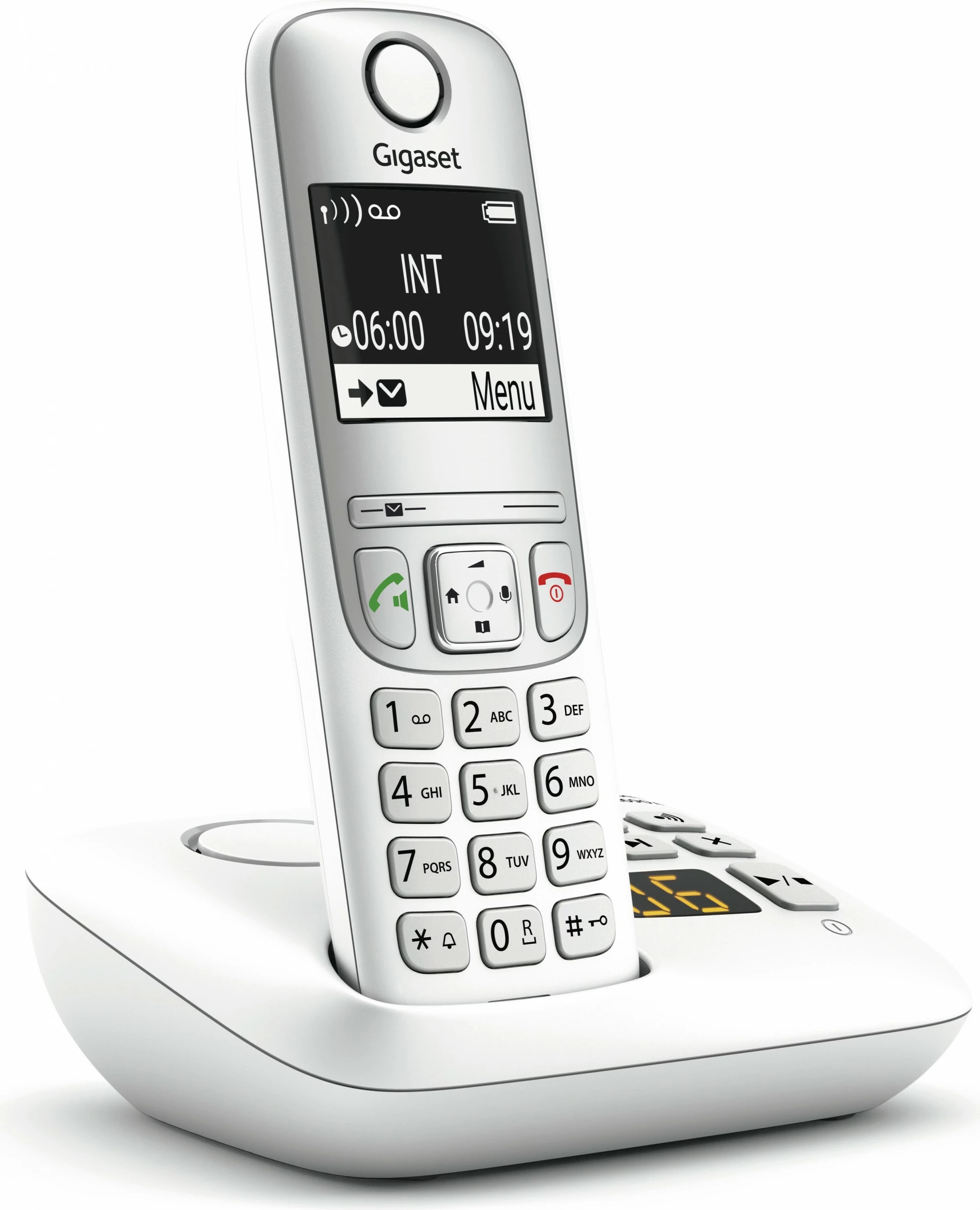 Telefon pa kabllo Gigaset AE690A, analog/DECT, regjistrues thirrjesh, 100 kontakte, i bardhë