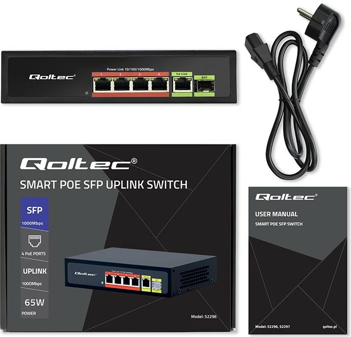 Switch Qoltec 52296, 4x RJ45 PoE, 1x RJ45 Uplink, 1x SFP, 65W, 1000 Mb/s, i zi