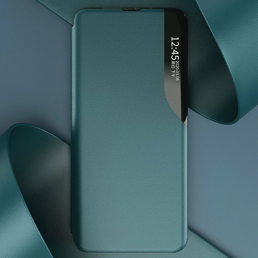 Mbështjellës Hurtel Eco Leather View Case për Samsung Galaxy A02s EU, me kapak dhe qëndrim, i zi