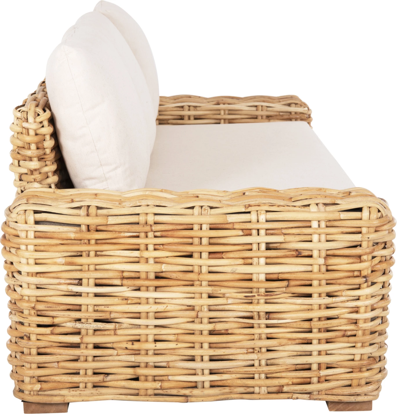 Divan për jashtë, 3 ulëse, dru mango-ratan, ngjyrë natyrale, jastëkë të bardhë, 216x88x70-85H cm