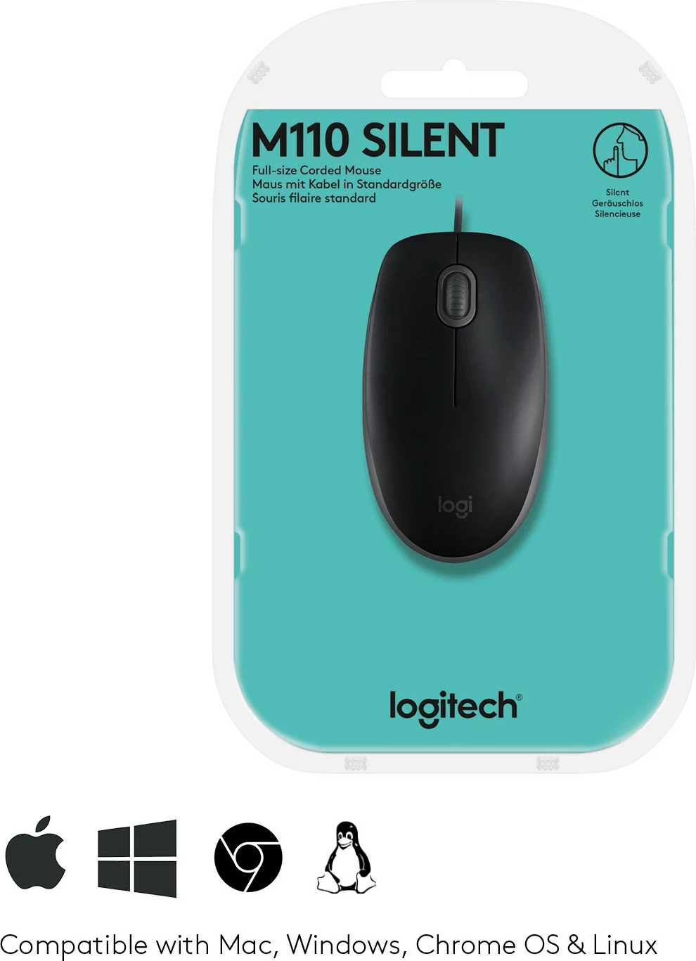 Maus Logitech M110 Silent, Ambidextrous, Optical, USB Type-A, 1000 DPI, Black