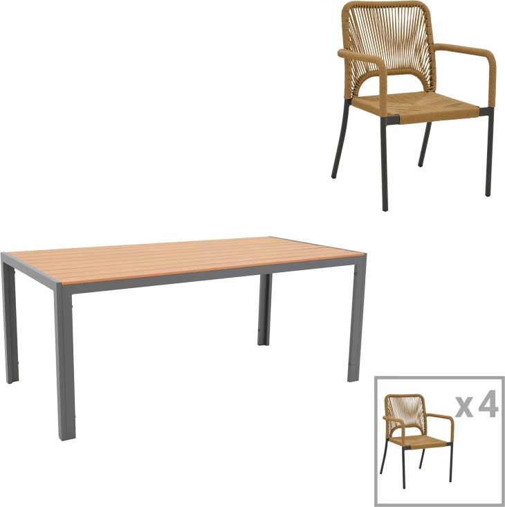 Tavolinë me karrige Nares-Norture set prej 5 alumini dhe dru i përpunuar ngjyrë natyrale 180x90x72.5cm