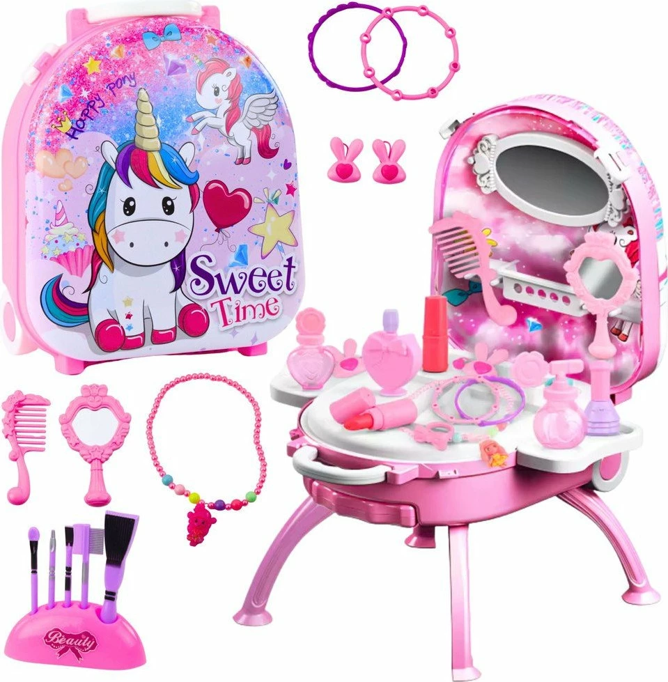 Set bukurie LeanToys Unicorn Sweet Time Vanity Case 2in1, valixhe me rrota + toaletë, 25 x 21 x 11.5 cm, rozë