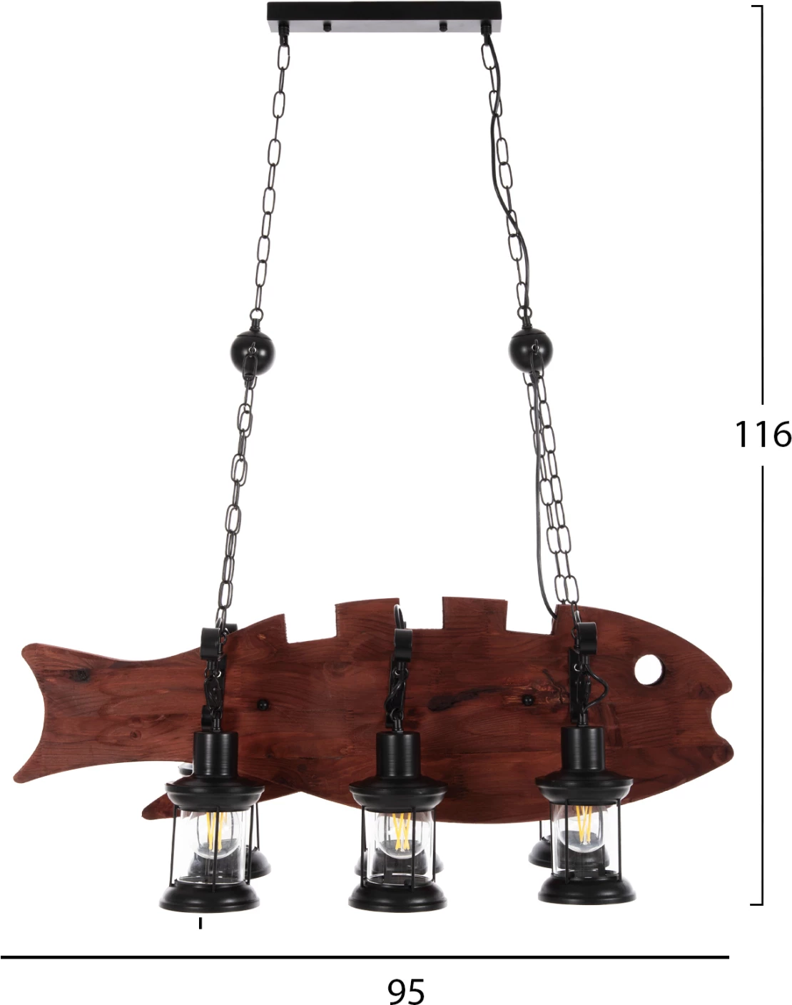 Llambë tavani me 6 drita, FH4118, dru, metal i zi, qelq, 95x35x116H cm