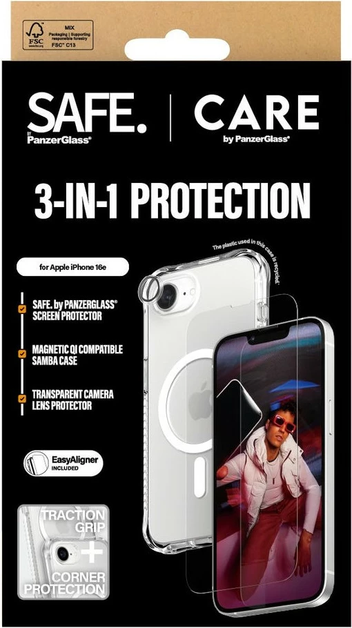 Mbështjellës PanzerGlass për iPhone 16e, 3-in-1 bundle, transparent