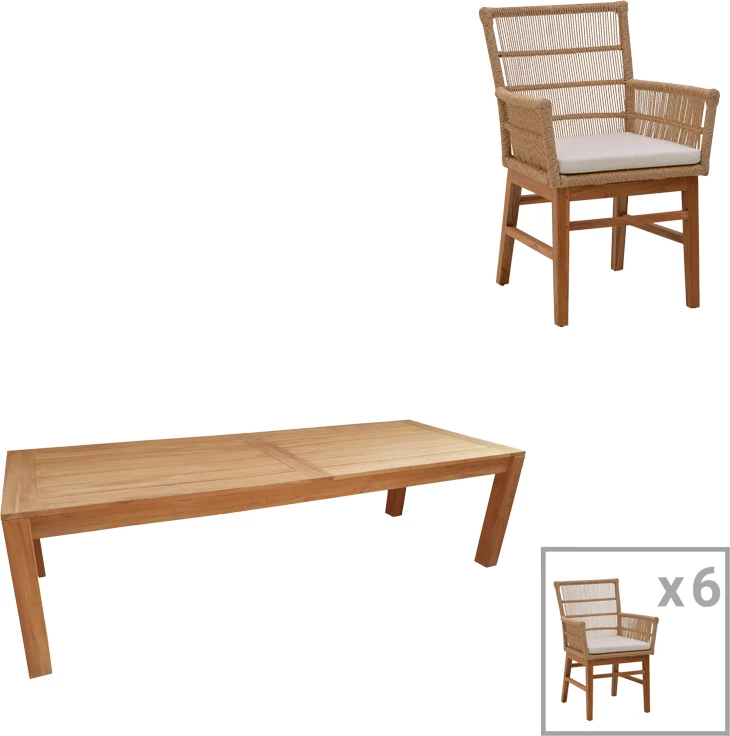 Tavolinë me karrige Inca-Pablo set prej 7 pjesësh, hije natyrale-bezhë, 240x100x76cm