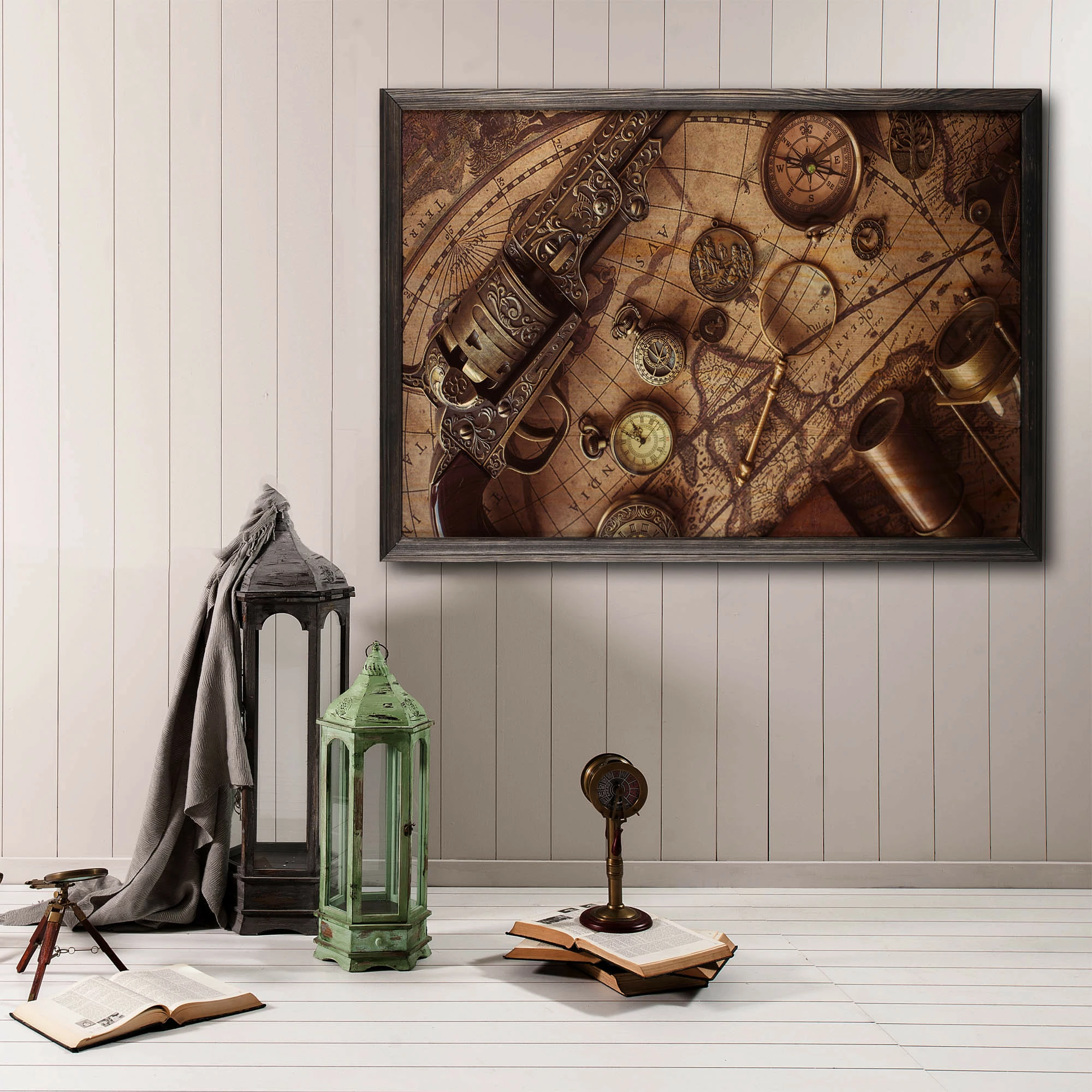 Pikturë dekorative me kornizë druri, hartë antike, Wallity