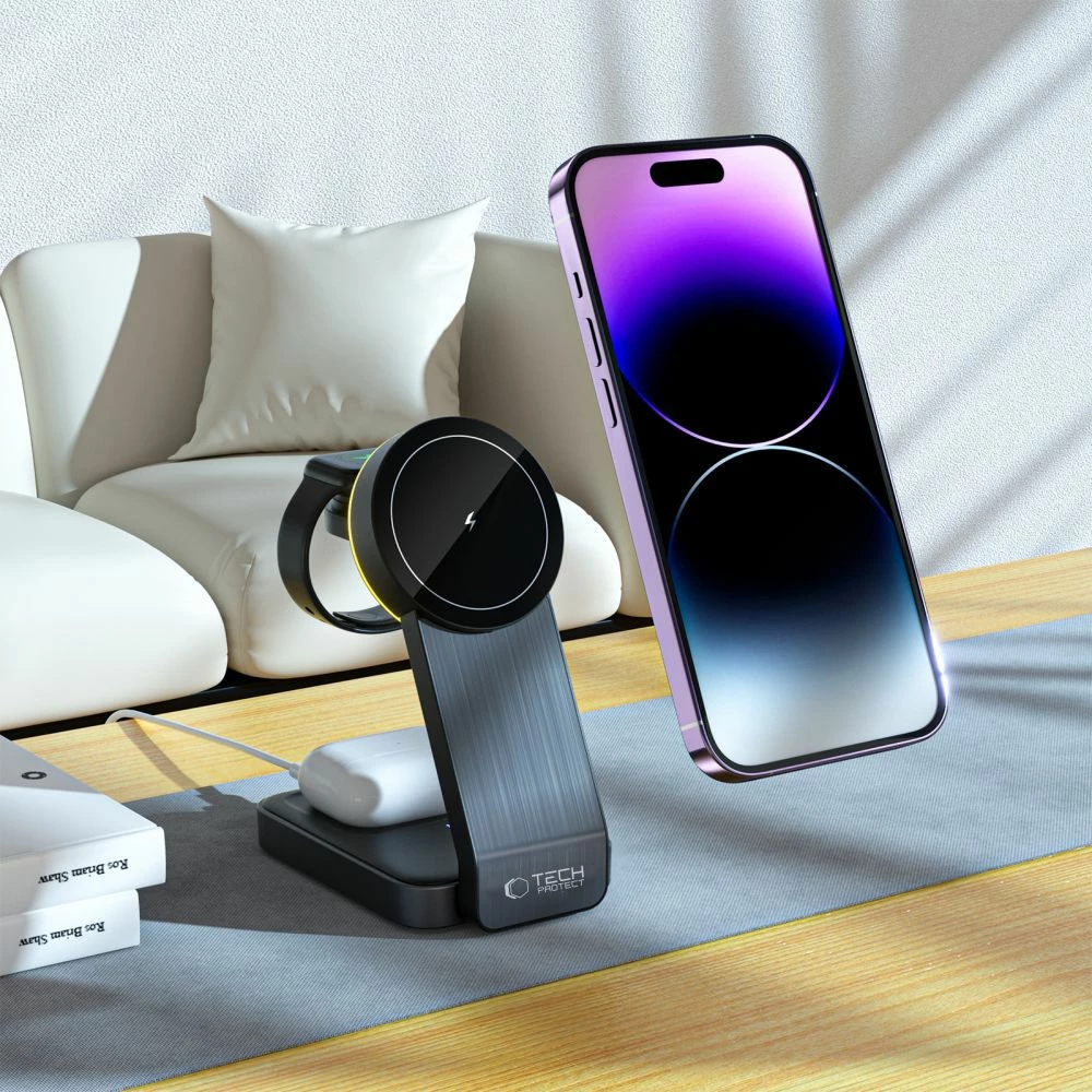 Karikues induktiv 3-në-1 Tech-Protect QI15W-A28 me MagSafe, për smartphone, Apple Watch dhe AirPods, i zi