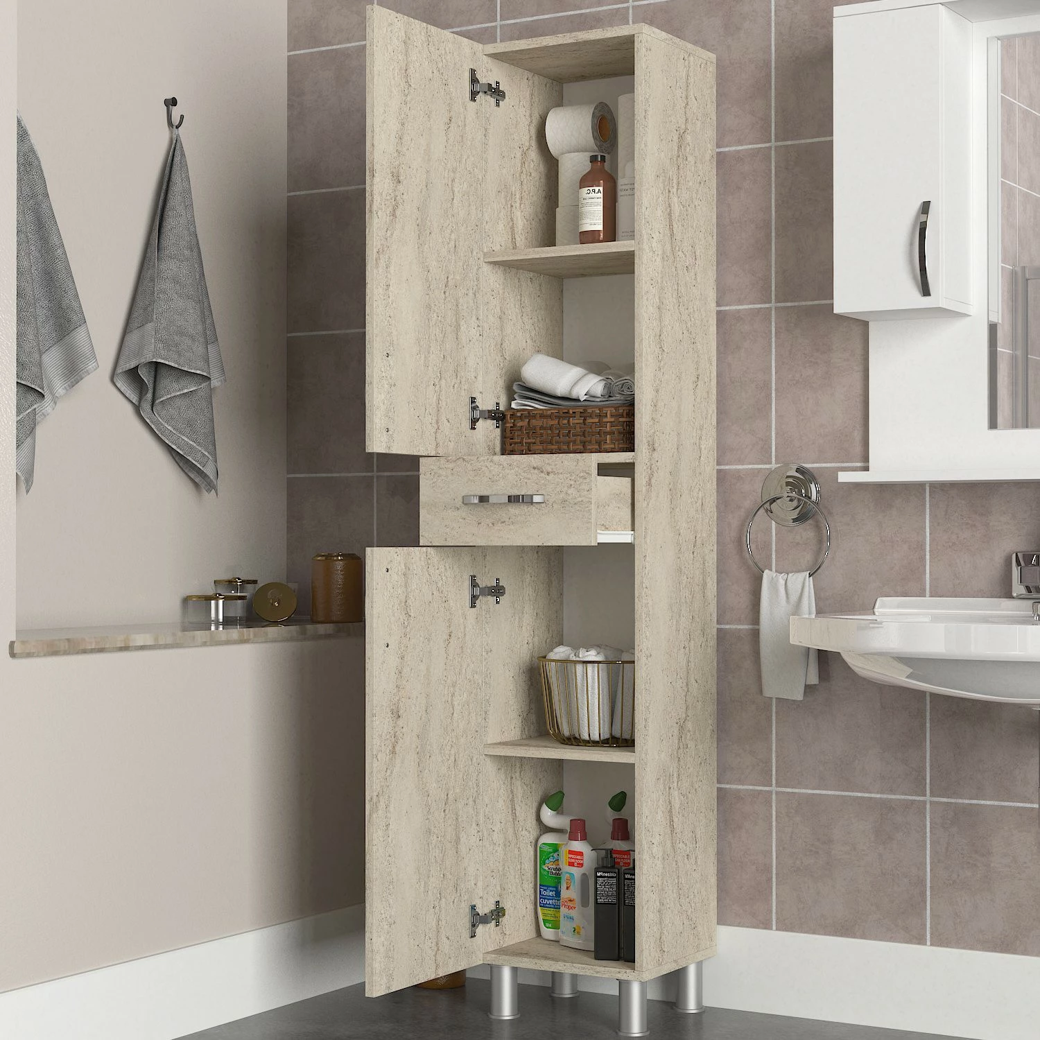 Dollap banjoje Selin, 2 dyer, 1 sirtar, ngjyrë travertin