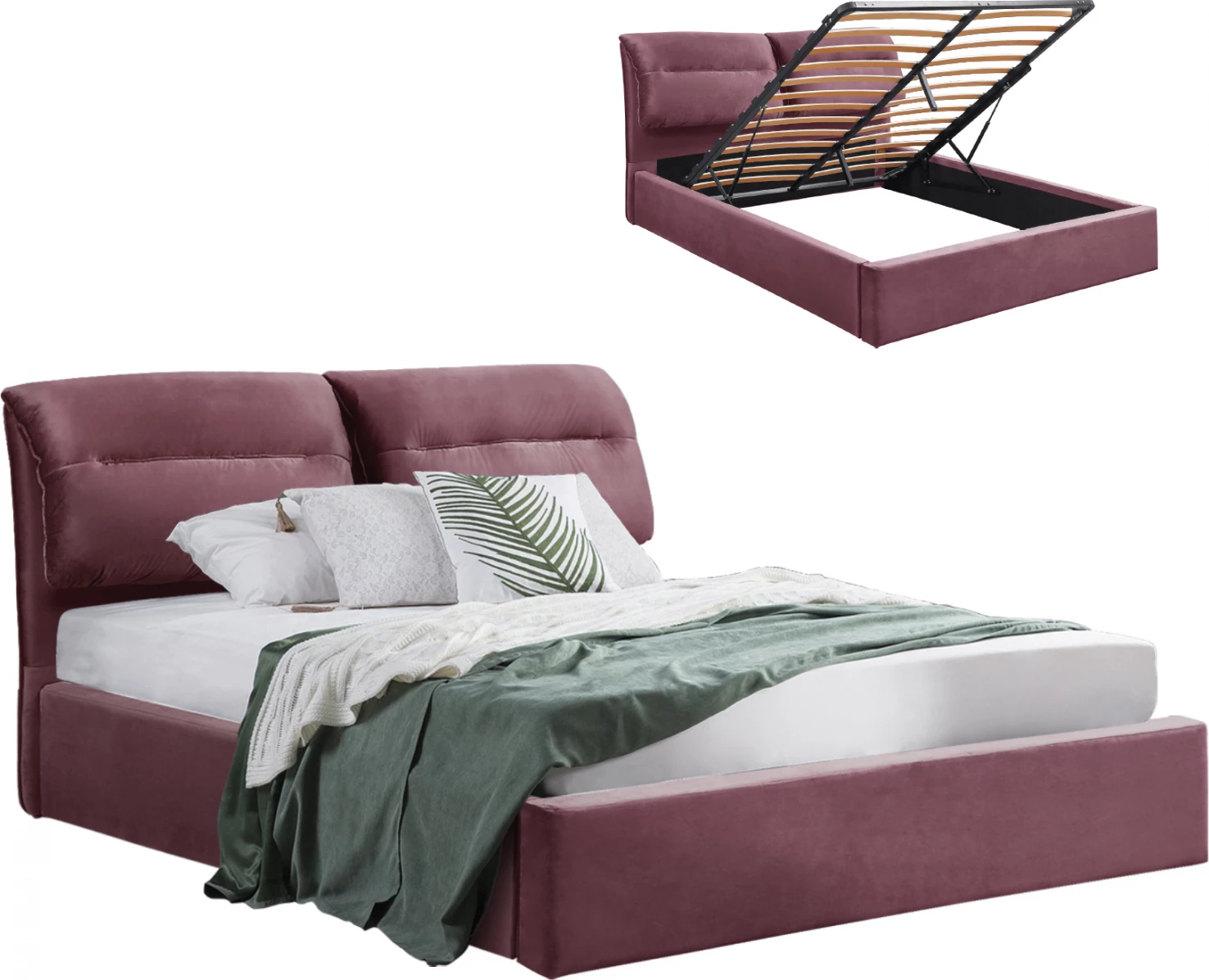 Kendra, krevat velvet ngjyrë rozë e pluhurosur, FH565.02, hapësirë ruajtëse 160x200 cm