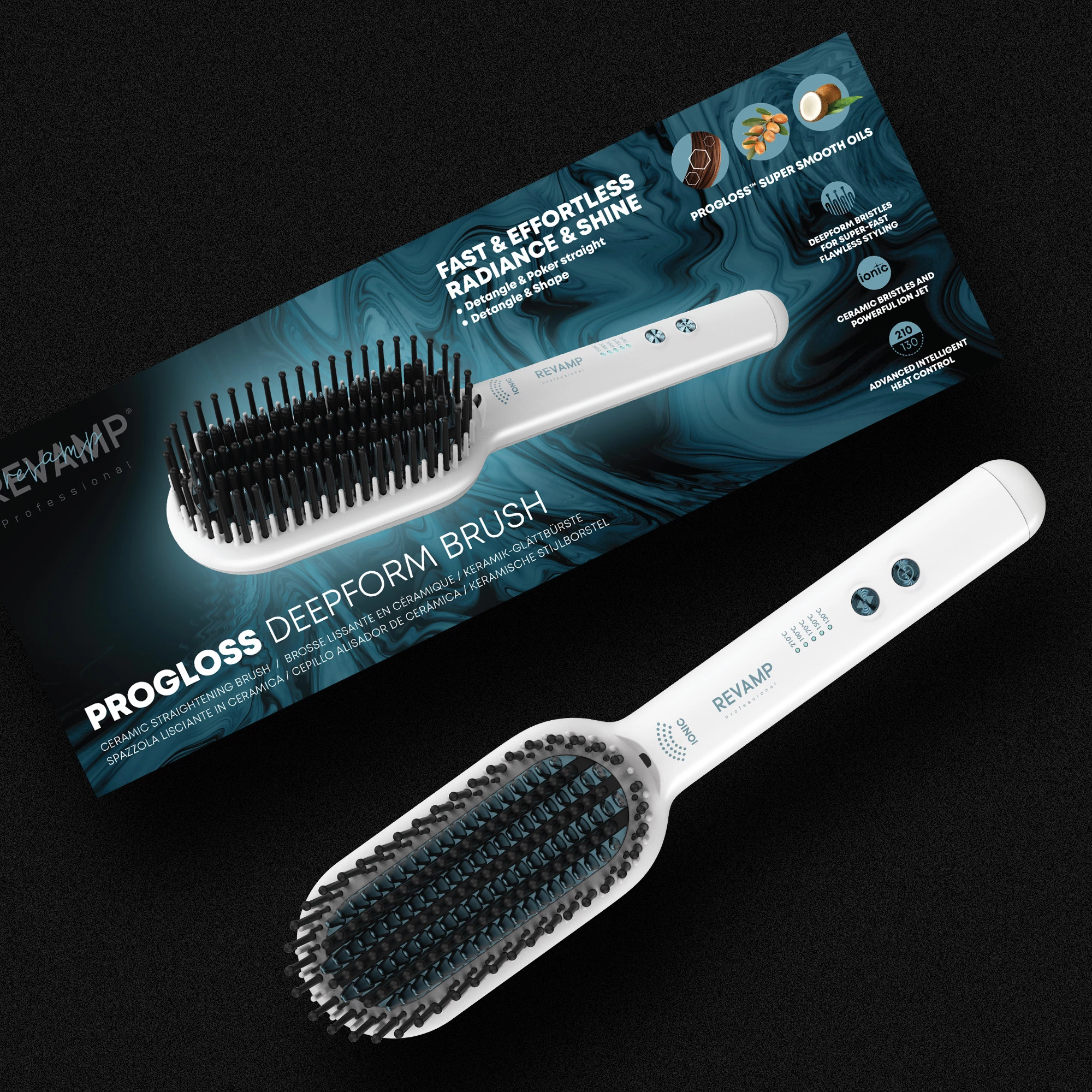 Furçë elektrike për drejtim flokësh Revamp Progloss Deepform BR-1850, 130–210°C, ionike, keramike, mat silikoni, e bardhë