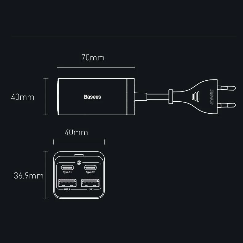 Karikues Baseus GaN3 Pro CCDK65E 65W 2x USB-C 2x USB-A me kabllo USB-C në USB-C 1m, i zi (CCGP040101)