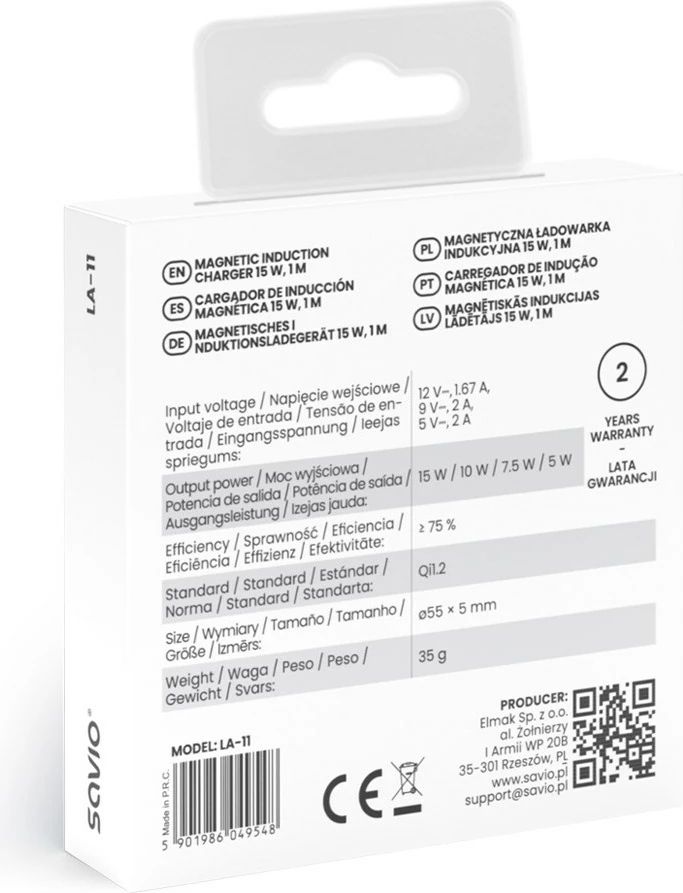 Karikues wireless magnetik SAVIO LA-11, 15 W, 1 m, Bardhë