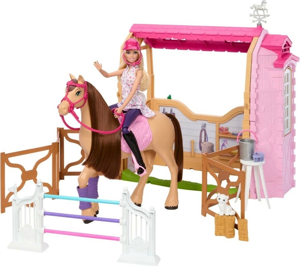 Set lodrash Barbie Mattel HXJ44 me stallë, kalë dhe 25 aksesorë, për vajza