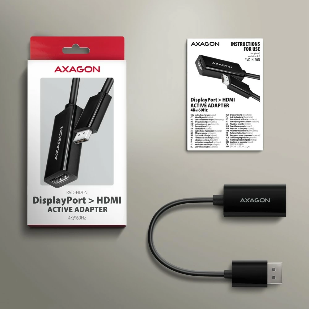 Adapter AXAGON RVD-HI20N DisplayPort në HDMI, 4K/60Hz, 15cm, i zi