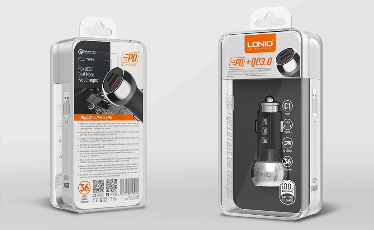 Karikues veture LDNIO C1 36W 2 porta (USB-A + USB-C) PD/QC3.0, zi/argjendtë