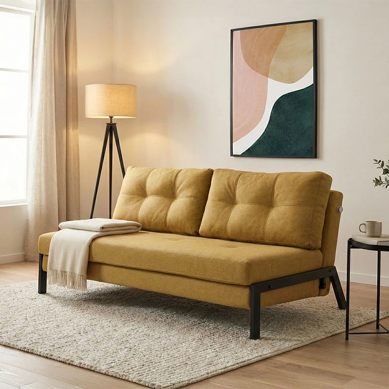 Krevat-sofá dyvendësh Fancy, material tekstili, ngjyrë e verdhë, këmbë të zeza, 150x92x77cm