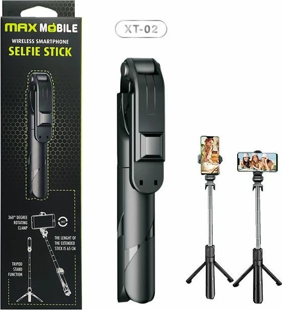 Selfie stick tripod MAXLINE MaxMobile XT-02, Bluetooth, 65 cm, për telefona deri 6.8", 360°, me telekomandë, i zi