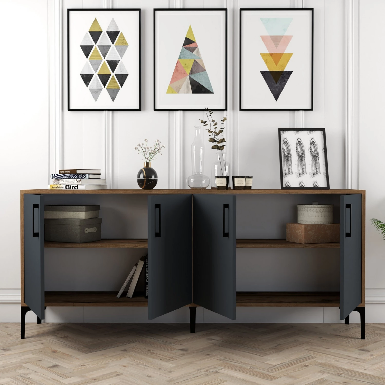 Bufe melamine, ngjyrë arre me dyer gri qymyr, 180x35x78H cm, FH9428.01