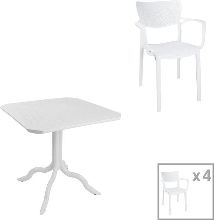 Tavolinë me karrige për terasë, Icon-Fontline, set prej 5 copësh, PP, ngjyrë e bardhë
