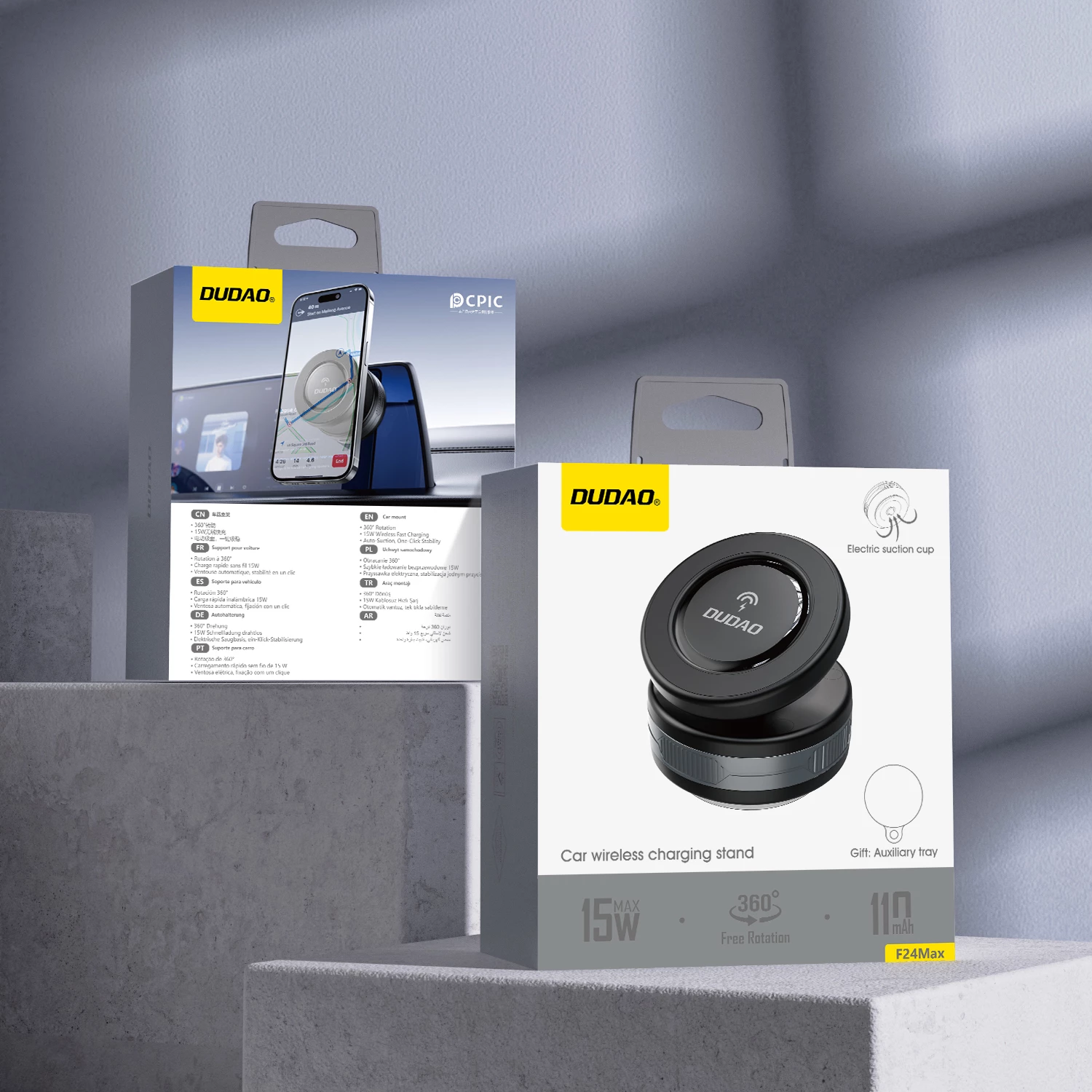 Mbajtës makine me karikues wireless 15W, Dudao F24MAX, MagSafe, kupë thithëse automatike, USB-C, i zi
