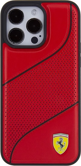 Mbështjellës Ferrari Perforated Waves Metal Logo për iPhone 15 Pro, e kuqe