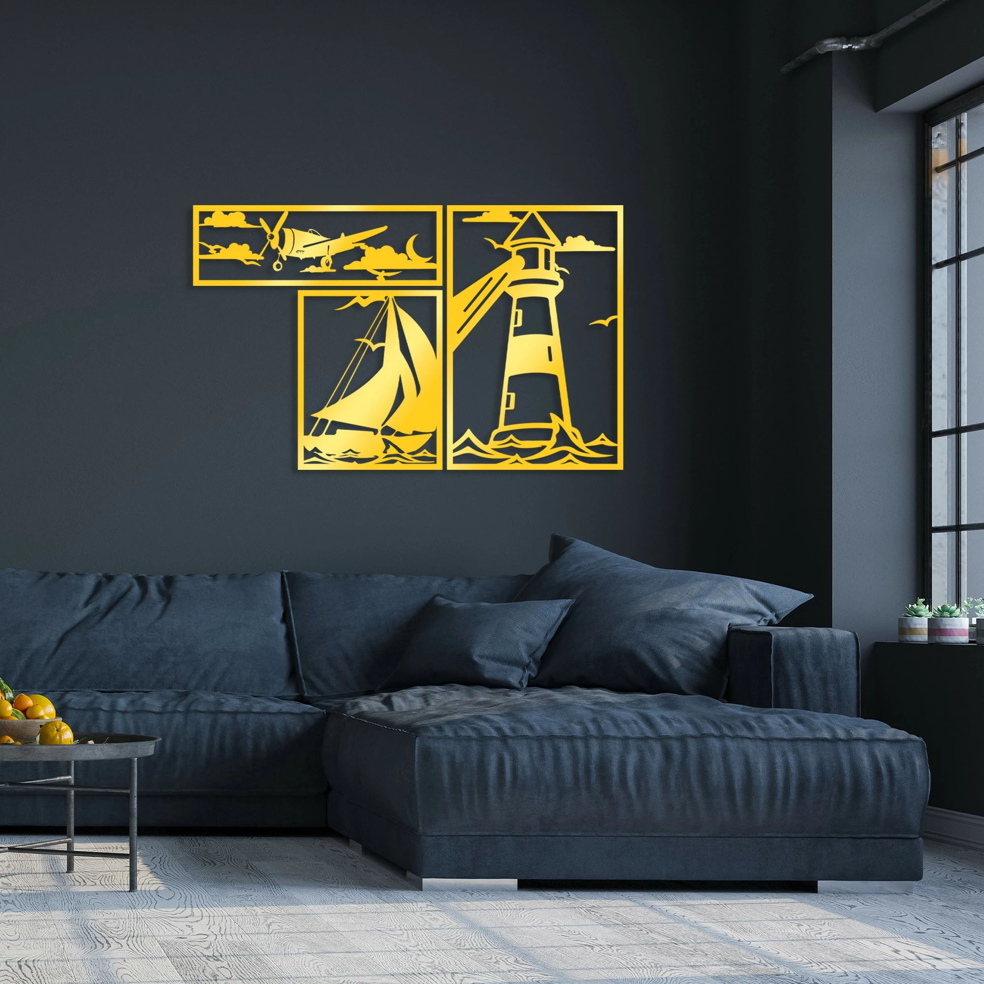 Aksesor dekorativ metalik për mur Wallity, set me tre pjesë, ngjyrë ari, Lighthouse Trio G