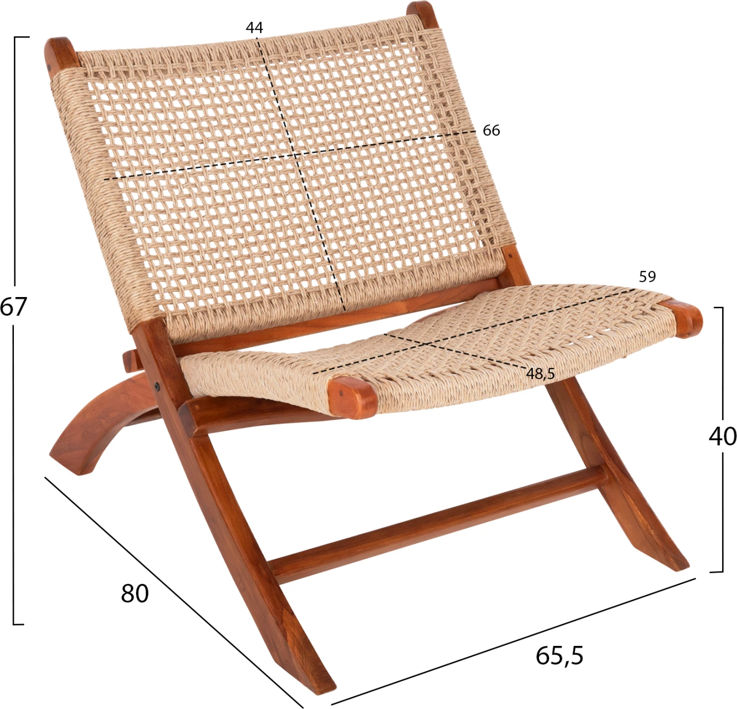 Karrige e shkurtër e palosshme FERM FH9477.01, dru teak i fortë, ngjyrë natyrale, litar VIRO, 65.5x80x67H cm