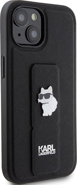 Mbështjellës Karl Lagerfeld Gripstand Saffiano Choupette Pins për iPhone 15, i zi