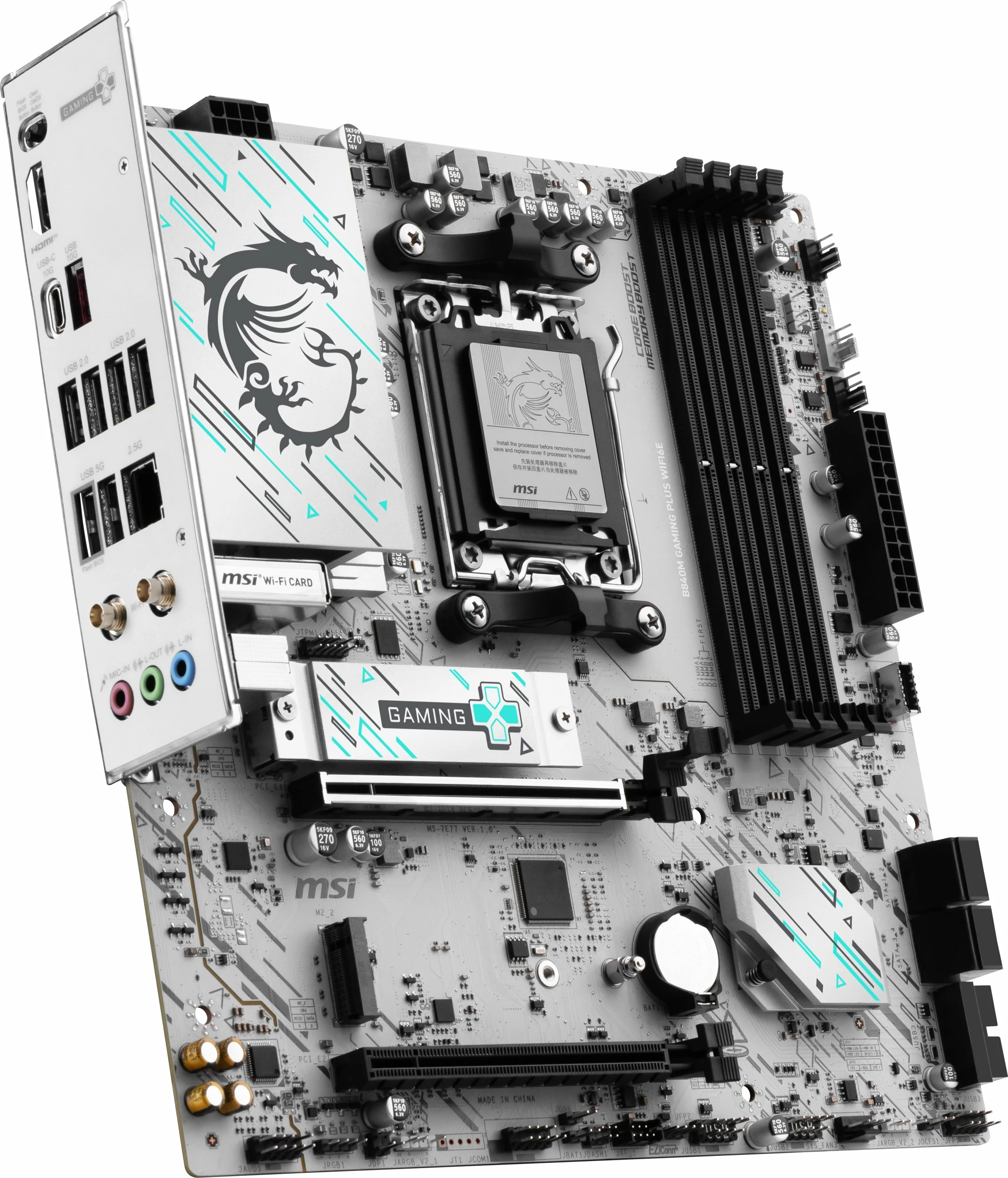 Pllakë amë MSI B840M GAMING PLUS WIFI6E AM5 Micro-ATX DDR5 Wi‑Fi 6E Bardhë/Gri